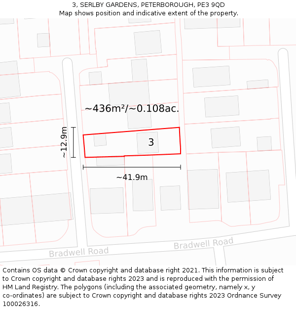 3, SERLBY GARDENS, PETERBOROUGH, PE3 9QD: Plot and title map