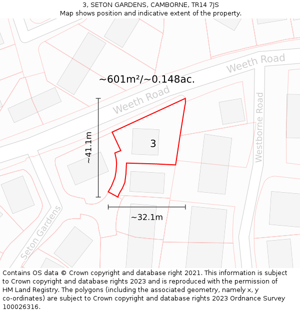 3, SETON GARDENS, CAMBORNE, TR14 7JS: Plot and title map