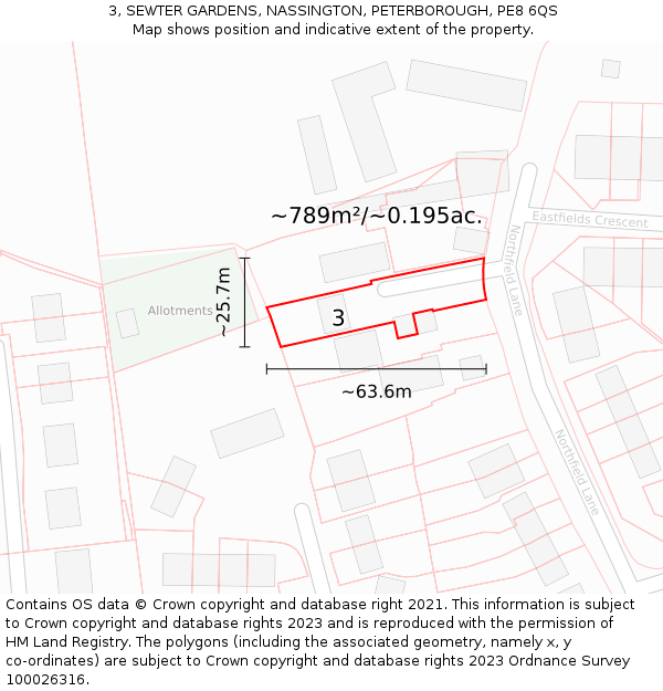 3, SEWTER GARDENS, NASSINGTON, PETERBOROUGH, PE8 6QS: Plot and title map