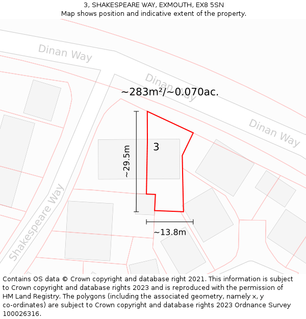 3, SHAKESPEARE WAY, EXMOUTH, EX8 5SN: Plot and title map