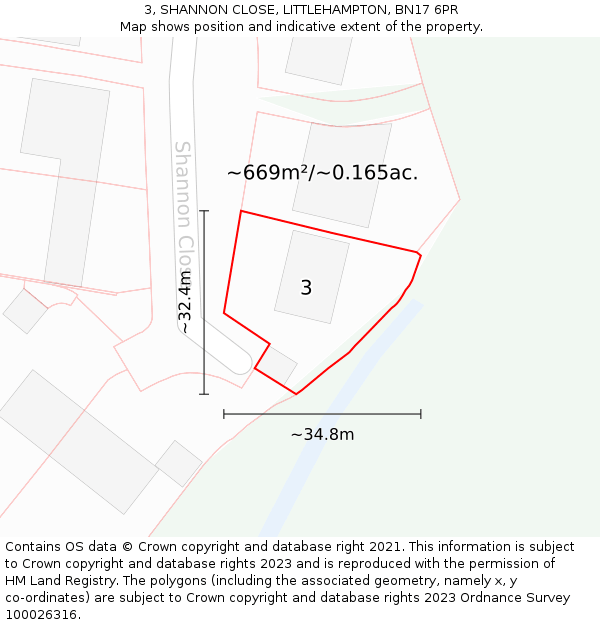 3, SHANNON CLOSE, LITTLEHAMPTON, BN17 6PR: Plot and title map