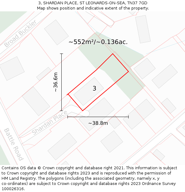 3, SHARDAN PLACE, ST LEONARDS-ON-SEA, TN37 7GD: Plot and title map