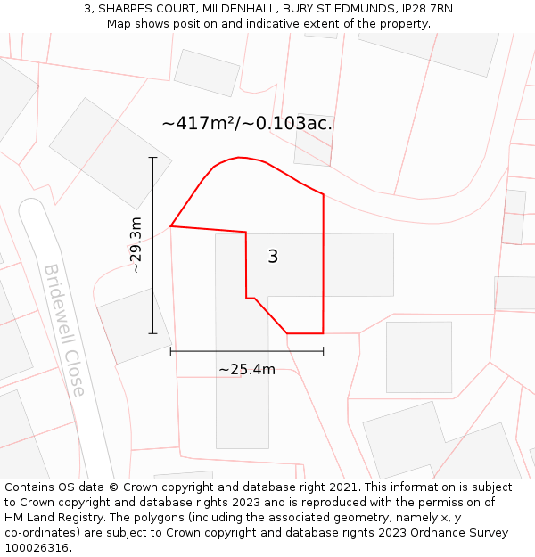 3, SHARPES COURT, MILDENHALL, BURY ST EDMUNDS, IP28 7RN: Plot and title map