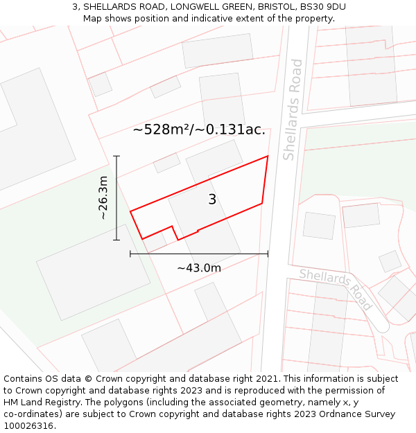 3, SHELLARDS ROAD, LONGWELL GREEN, BRISTOL, BS30 9DU: Plot and title map