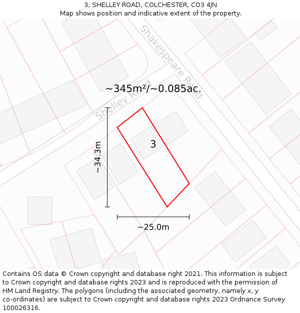 3, SHELLEY ROAD, COLCHESTER, CO3 4JN: Plot and title map