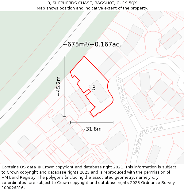 3, SHEPHERDS CHASE, BAGSHOT, GU19 5QX: Plot and title map