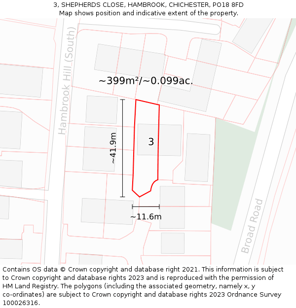 3, SHEPHERDS CLOSE, HAMBROOK, CHICHESTER, PO18 8FD: Plot and title map