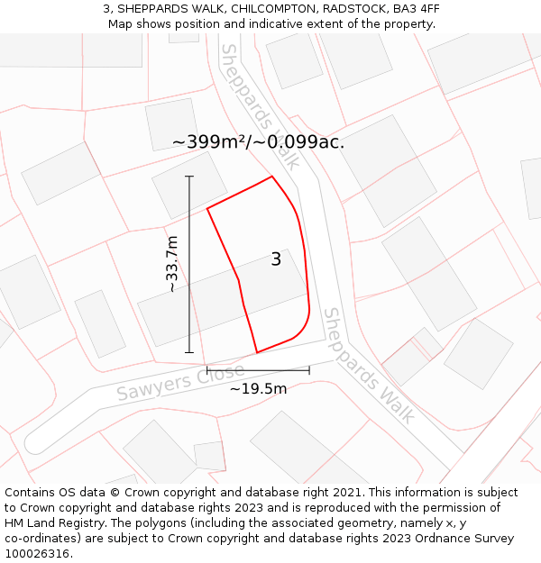 3, SHEPPARDS WALK, CHILCOMPTON, RADSTOCK, BA3 4FF: Plot and title map