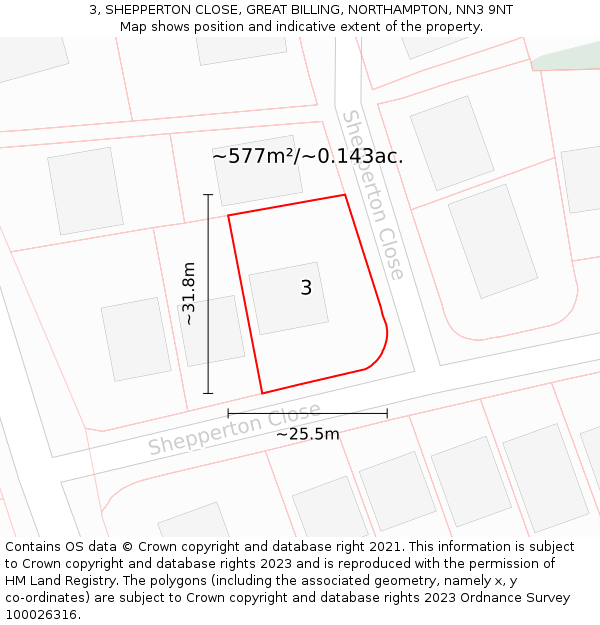 3, SHEPPERTON CLOSE, GREAT BILLING, NORTHAMPTON, NN3 9NT: Plot and title map