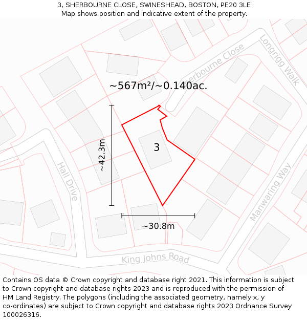 3, SHERBOURNE CLOSE, SWINESHEAD, BOSTON, PE20 3LE: Plot and title map