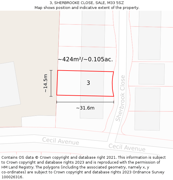 3, SHERBROOKE CLOSE, SALE, M33 5SZ: Plot and title map
