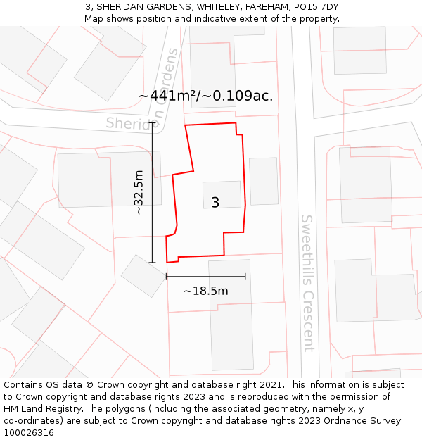 3, SHERIDAN GARDENS, WHITELEY, FAREHAM, PO15 7DY: Plot and title map