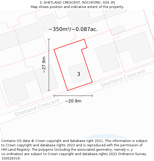 3, SHETLAND CRESCENT, ROCHFORD, SS4 3FJ: Plot and title map