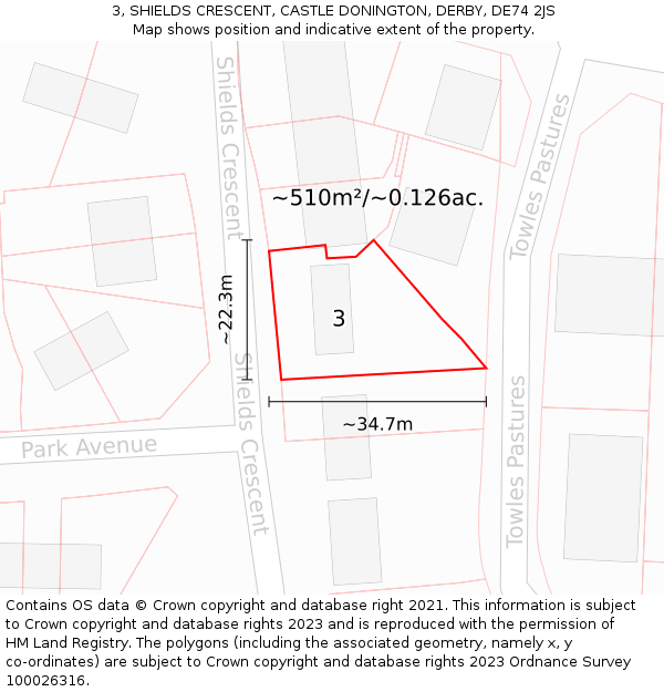 3, SHIELDS CRESCENT, CASTLE DONINGTON, DERBY, DE74 2JS: Plot and title map