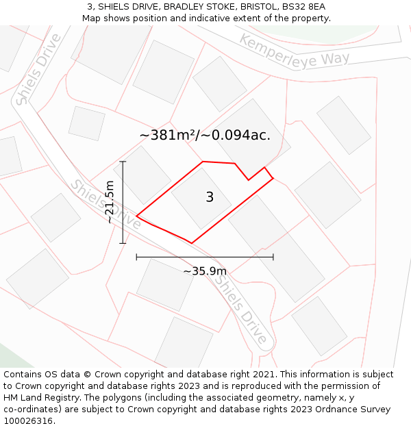 3, SHIELS DRIVE, BRADLEY STOKE, BRISTOL, BS32 8EA: Plot and title map