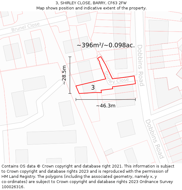3, SHIRLEY CLOSE, BARRY, CF63 2FW: Plot and title map