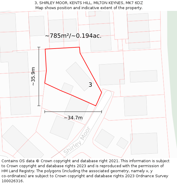 3, SHIRLEY MOOR, KENTS HILL, MILTON KEYNES, MK7 6DZ: Plot and title map