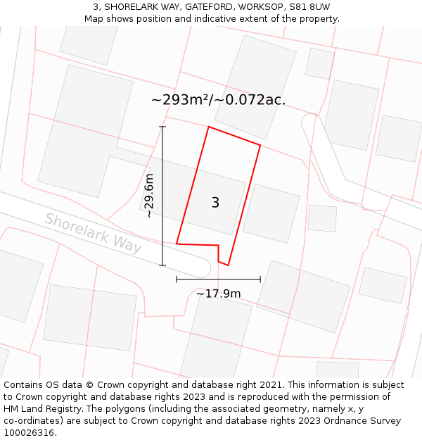 3, SHORELARK WAY, GATEFORD, WORKSOP, S81 8UW: Plot and title map