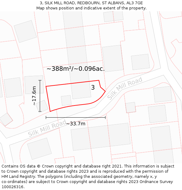 3, SILK MILL ROAD, REDBOURN, ST ALBANS, AL3 7GE: Plot and title map