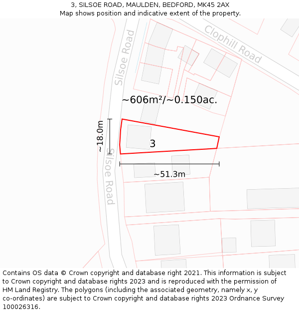 3, SILSOE ROAD, MAULDEN, BEDFORD, MK45 2AX: Plot and title map
