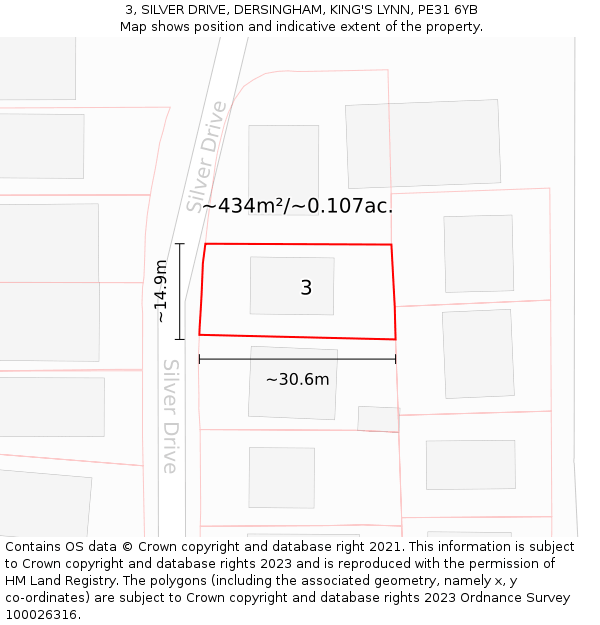 3, SILVER DRIVE, DERSINGHAM, KING'S LYNN, PE31 6YB: Plot and title map