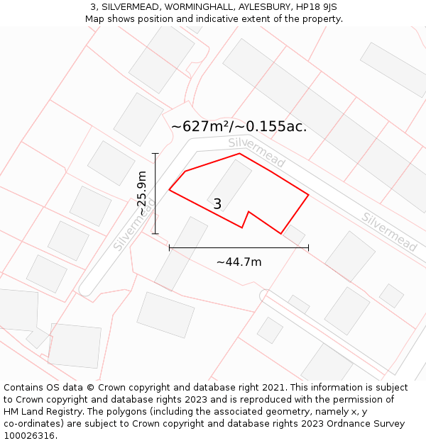 3, SILVERMEAD, WORMINGHALL, AYLESBURY, HP18 9JS: Plot and title map