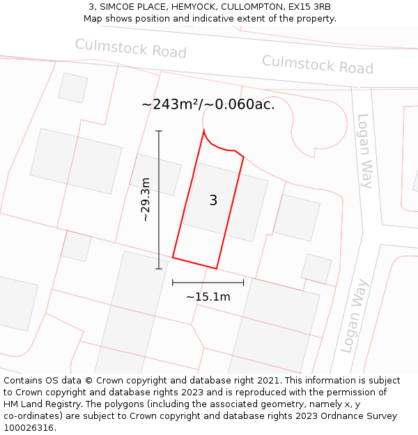 3, SIMCOE PLACE, HEMYOCK, CULLOMPTON, EX15 3RB: Plot and title map