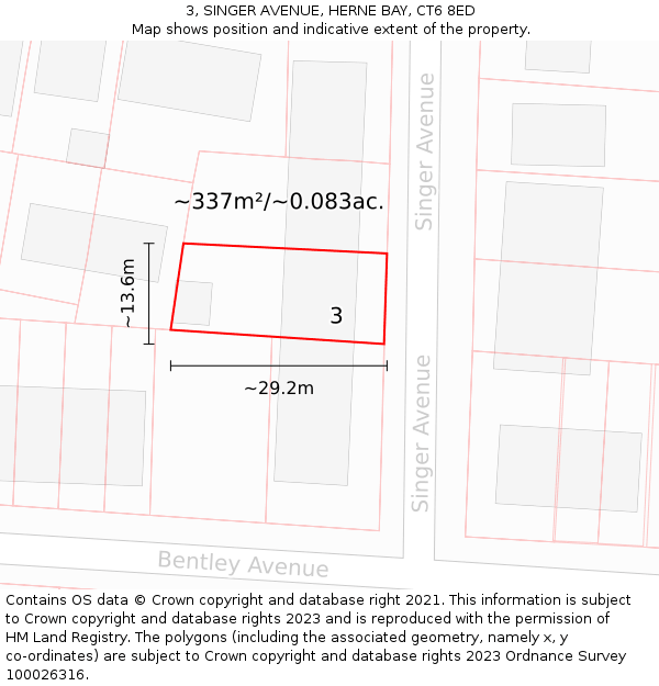 3, SINGER AVENUE, HERNE BAY, CT6 8ED: Plot and title map