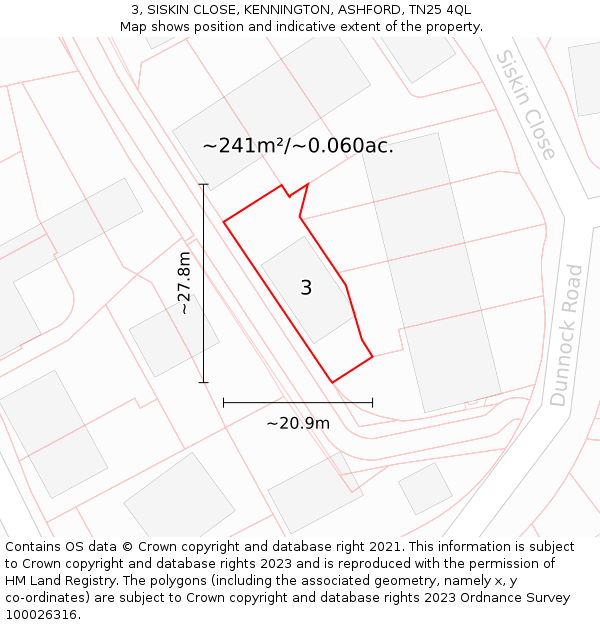 3, SISKIN CLOSE, KENNINGTON, ASHFORD, TN25 4QL: Plot and title map