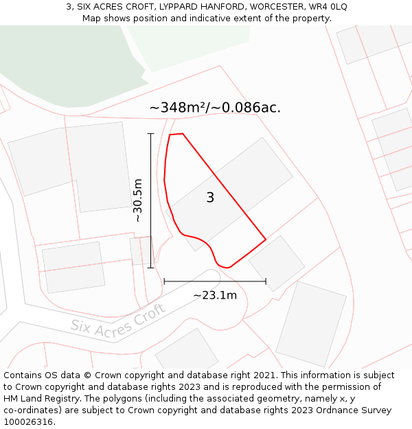 3, SIX ACRES CROFT, LYPPARD HANFORD, WORCESTER, WR4 0LQ: Plot and title map