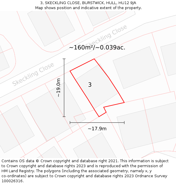 3, SKECKLING CLOSE, BURSTWICK, HULL, HU12 9JA: Plot and title map