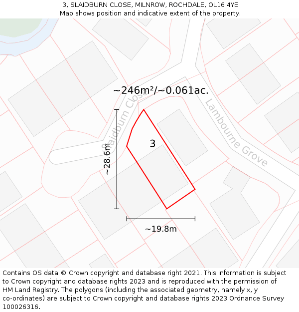 3, SLAIDBURN CLOSE, MILNROW, ROCHDALE, OL16 4YE: Plot and title map