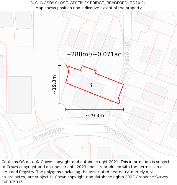 3, SLINGSBY CLOSE, APPERLEY BRIDGE, BRADFORD, BD10 0UJ: Plot and title map