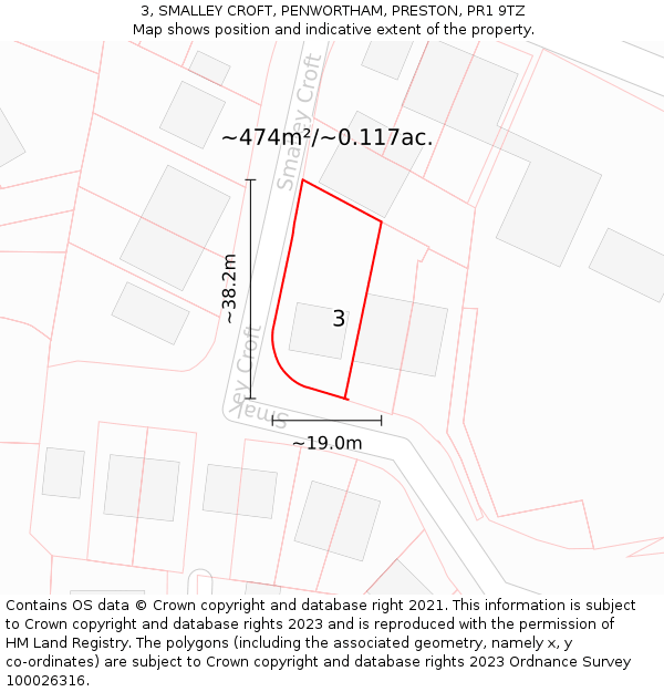 3, SMALLEY CROFT, PENWORTHAM, PRESTON, PR1 9TZ: Plot and title map