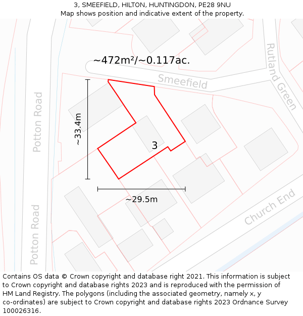 3, SMEEFIELD, HILTON, HUNTINGDON, PE28 9NU: Plot and title map