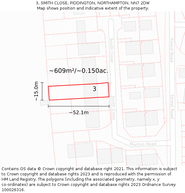 3, SMITH CLOSE, PIDDINGTON, NORTHAMPTON, NN7 2DW: Plot and title map