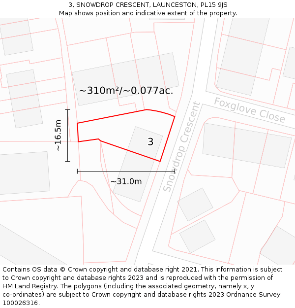 3, SNOWDROP CRESCENT, LAUNCESTON, PL15 9JS: Plot and title map