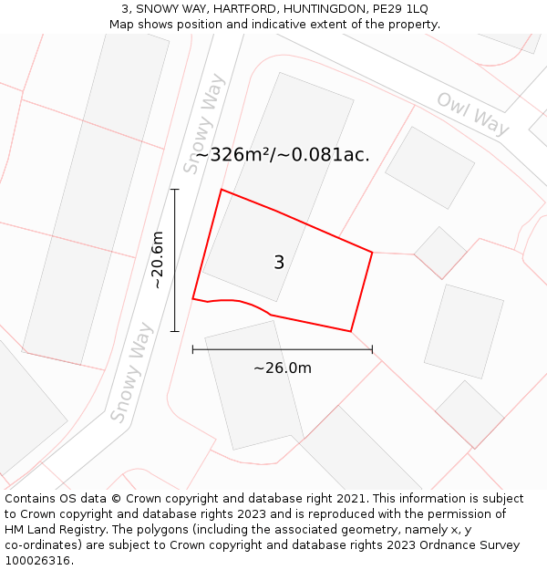 3, SNOWY WAY, HARTFORD, HUNTINGDON, PE29 1LQ: Plot and title map