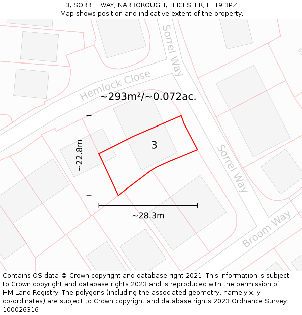 3, SORREL WAY, NARBOROUGH, LEICESTER, LE19 3PZ: Plot and title map