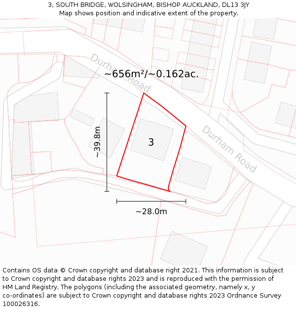 3, SOUTH BRIDGE, WOLSINGHAM, BISHOP AUCKLAND, DL13 3JY: Plot and title map