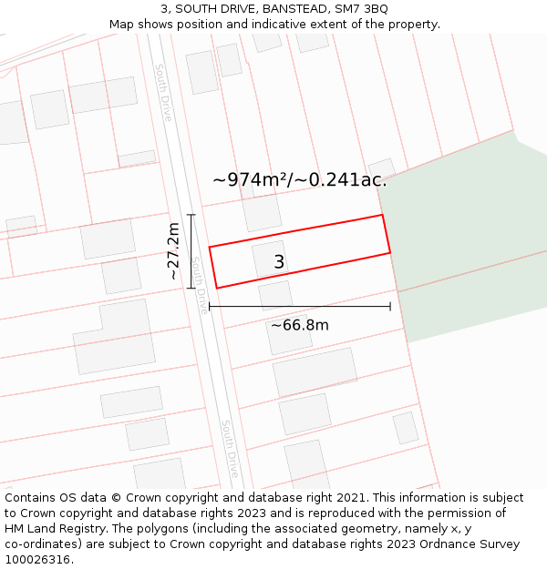 3, SOUTH DRIVE, BANSTEAD, SM7 3BQ: Plot and title map