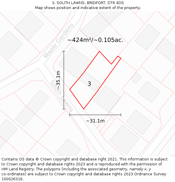 3, SOUTH LAWNS, BRIDPORT, DT6 4DS: Plot and title map