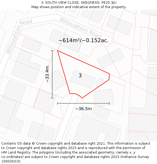 3, SOUTH VIEW CLOSE, SKEGNESS, PE25 3JU: Plot and title map