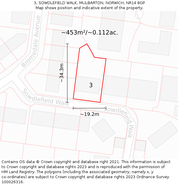 3, SOWDLEFIELD WALK, MULBARTON, NORWICH, NR14 8GP: Plot and title map