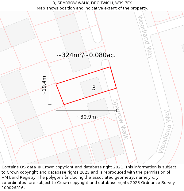 3, SPARROW WALK, DROITWICH, WR9 7FX: Plot and title map