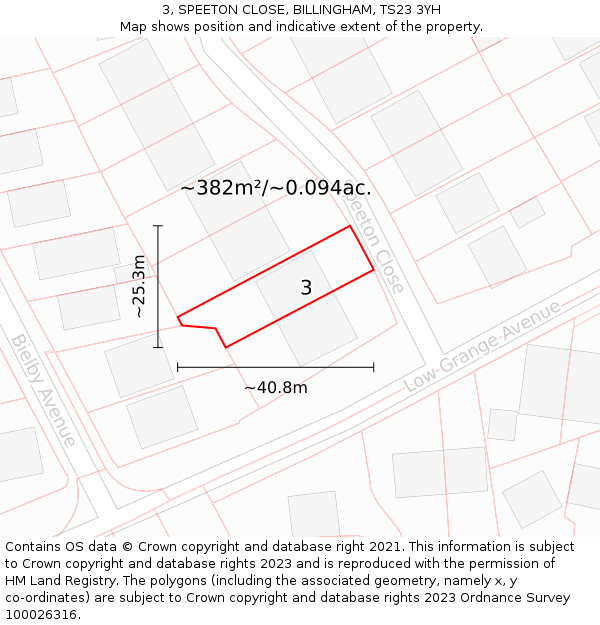 3, SPEETON CLOSE, BILLINGHAM, TS23 3YH: Plot and title map