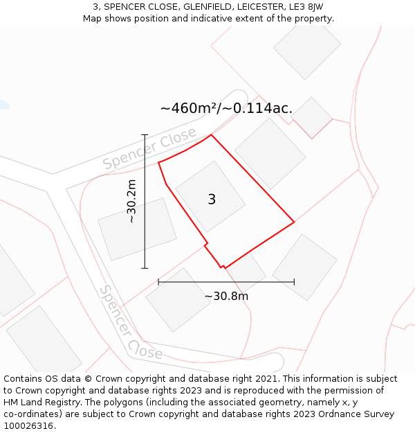 3, SPENCER CLOSE, GLENFIELD, LEICESTER, LE3 8JW: Plot and title map