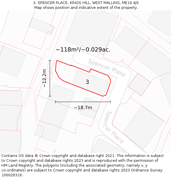 3, SPENCER PLACE, KINGS HILL, WEST MALLING, ME19 4JS: Plot and title map