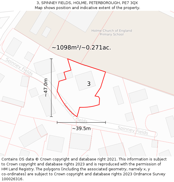 3, SPINNEY FIELDS, HOLME, PETERBOROUGH, PE7 3QX: Plot and title map