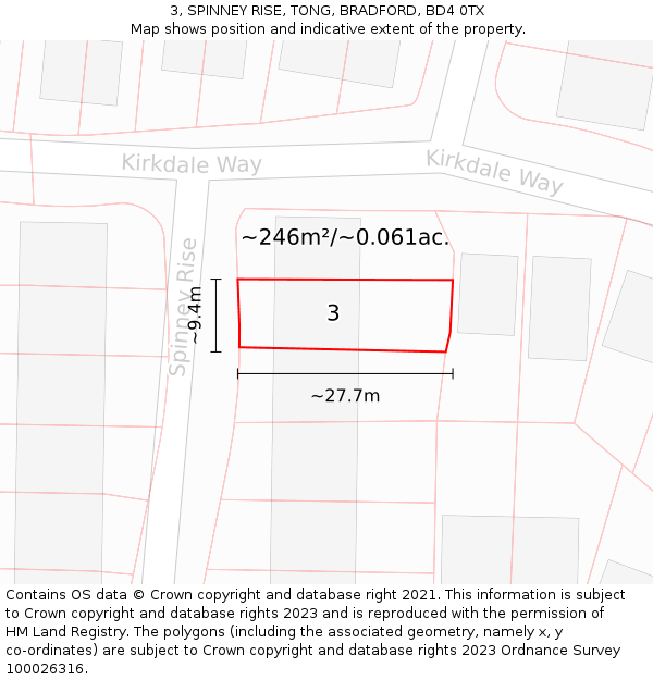 3, SPINNEY RISE, TONG, BRADFORD, BD4 0TX: Plot and title map